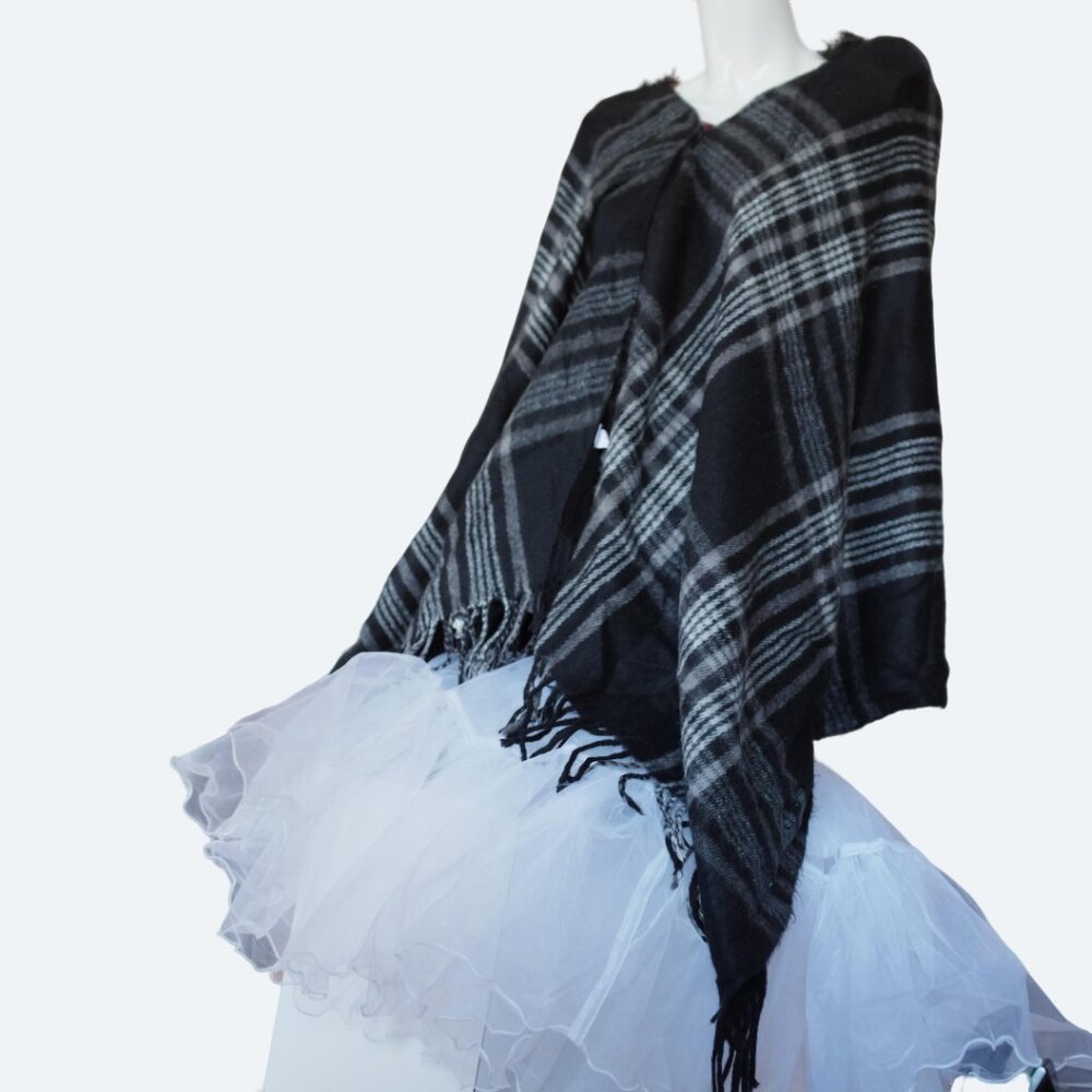 COPY - Lowrys Farm black tartan one button poncho with hood